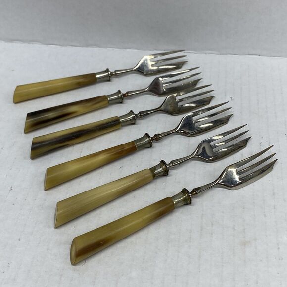 Lot Of 6 Pastry Forks Horn? Handle Flatware Dining Kitchen - Condition Issues - Picture 10 of 14